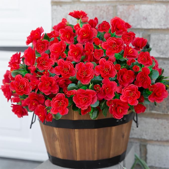 Artificial Faux Flowers Plants for Outdoor Outside Fall Decor, Fake Silk Red Camellia UV Resistant Look Real for Planter Porch Patio Balcony Garden Table Indoor, 3 Large Bundles