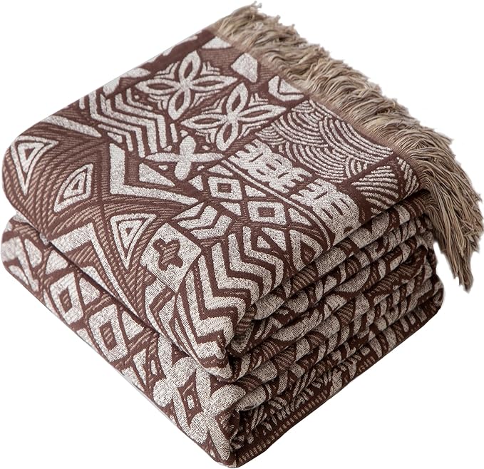 Boho Throw Blanket Twin Size, Soft Cozy Cotton Muslin Quilt Blanket for Bed Decor, Patchwork Block Couch Sofa Chair Cover, Vintage Farmhouse Cottage Tapestry Woven Blanket, Brown&White