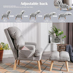 CANMOV Modern Accent Chair with Ottoman Set of 2, Soft Fabric Armchair with Adjustable Backrest and Side Pockets, Comfy Lounge Chair for Living Room, Bedroom, Apartment, Office, Grey