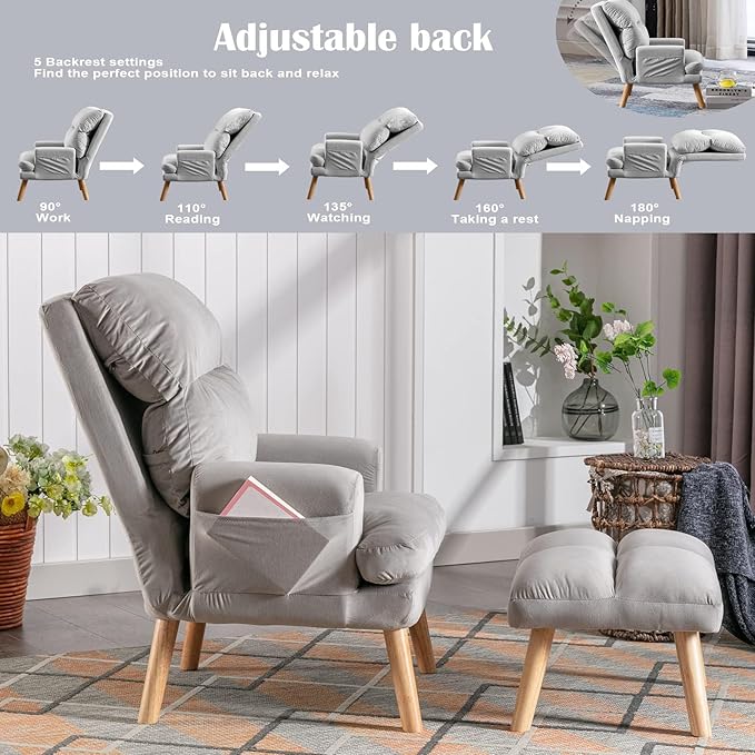 CANMOV Modern Accent Chair with Ottoman Set of 2, Soft Fabric Armchair with Adjustable Backrest and Side Pockets, Comfy Lounge Chair for Living Room, Bedroom, Apartment, Office, Grey