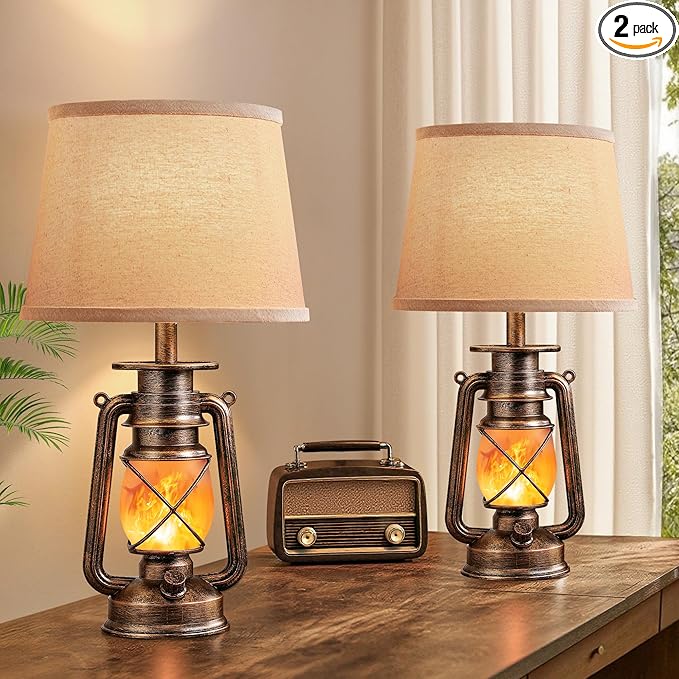 LEDIARY 18.72" Black Gold Vintage Lantern Flickering Flame Table Lamps for Bedrooms Set of 2, Small Farmhouse Rustic Vintage End Table Lamps, Halloween Decorative Lantern Bedside Lamps for Living Room
