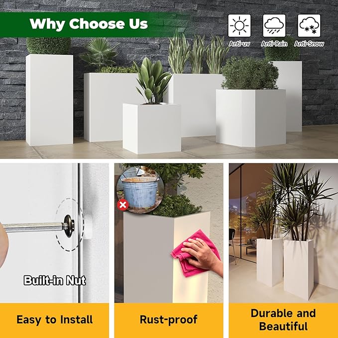 White Steel Metallic Heavy Planter for Outdoor Plants Box 14"x14"x30" Metal Planter Spliced Flower Pots with Partitions for Outside,Indoor,Garden (White, 14 * 14 * 30)