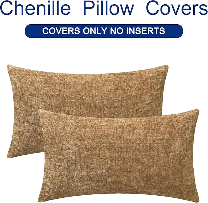 CaliTime Throw Pillow Covers Decorative 12 X 20 Inches Pack of 2 Cozy Chenille Cushion Cases for Couch Sofa Bed Living Room Home Apricot Brown