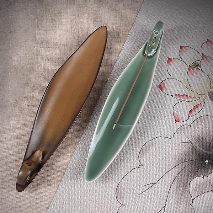 9" Length Incense Stick Holder with 3 Holes, White Porcelain Incense Tray Ash Cather for Spa, Meditation Room, Yoga, Home, Office (Green)