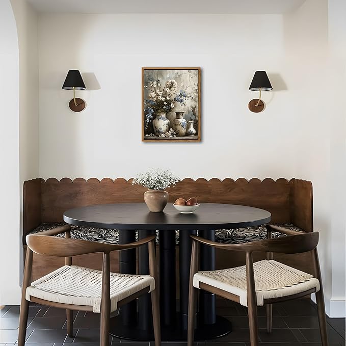 Floating Framed Farmhouse Floral Canvas Wall Art, Vintage Blue and White Flower Pictures Wall Decor, Elegant Art Jar Posters Print for Living Room Bedroom Bathroom Rustic Decor 8x10 inch