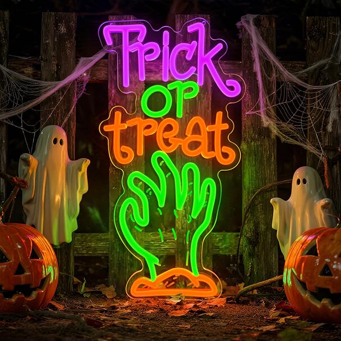 Halloween Neon Sign Trick or Treat LED Light – Spooky Zombie Hand Neon Wall Sign for Halloween Party, Kids Room,Indoor Outdoor Holiday Decor,22x42cm