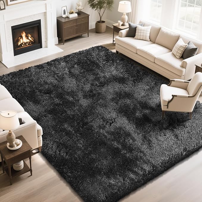 Fluffy Rug Shaggy Area Rug, Black 8x10 Area Rugs for Living Room, Large Shag Area Rugs for Bedroom Kids Room Home Decor, Upgrade Anti-Skid Rectangular Fuzzy Rugs
