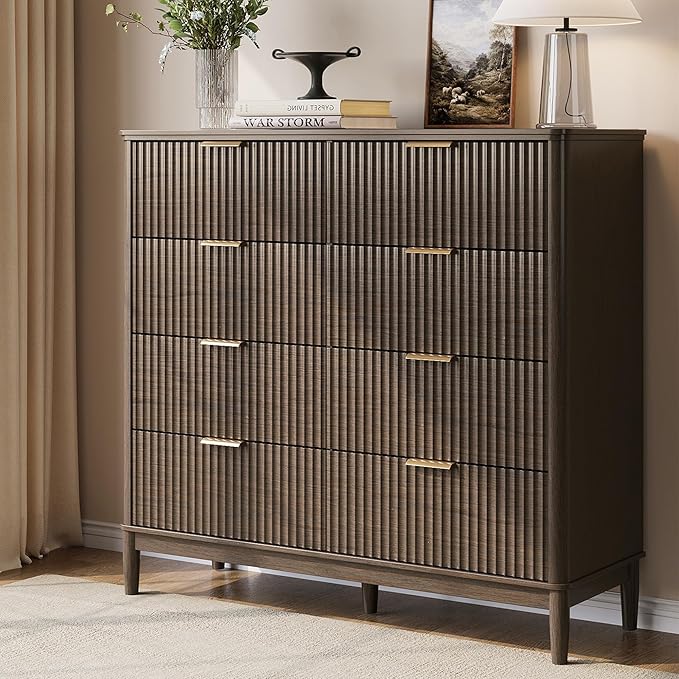 LINSY HOME Fluted Dresser for Bedroom with 8 Drawers, 47" Wide Mid Century Modern Dressers, Tall Boho Chest of Drawer, Large Wood Accent Storage Cabinet for Living Room, Curved Profile Design, Walnut
