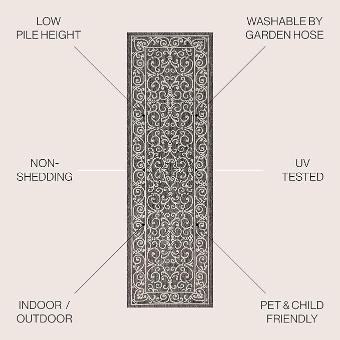 JONATHAN Y Vintage Filigree Indoor Outdoor Runner Rug 2X10 Black/Gray, Charleston Textured Weave for Backyard, Patio, Porch, Easy-Cleaning, High Traffic, Pet-Friendly, Non-Shedding (SMB106G-210)