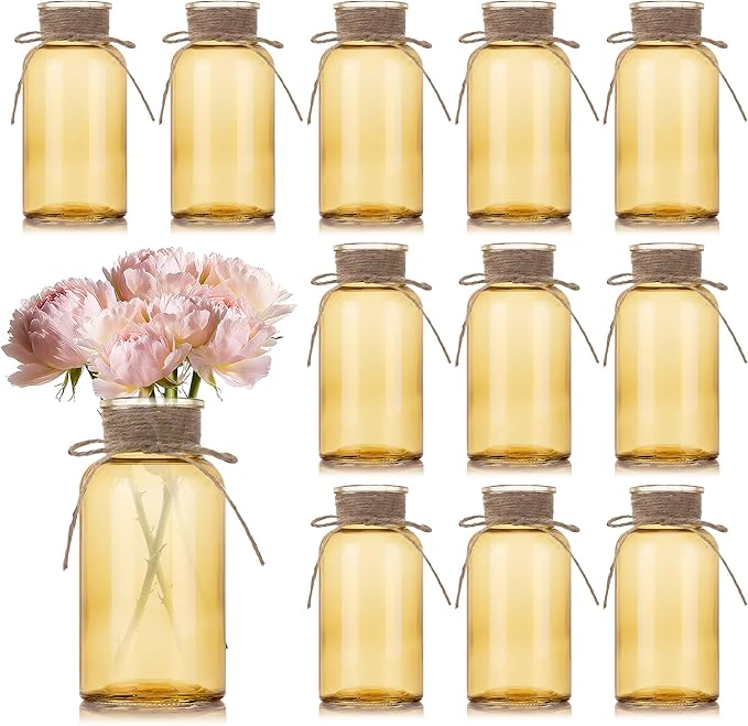 Gold Vases for Centerpieces Set of 12, Mason Jars Boho Cylinder Bud Vases in Bulk, Flower Glasses for Weddings Parties Vintage Home Decor