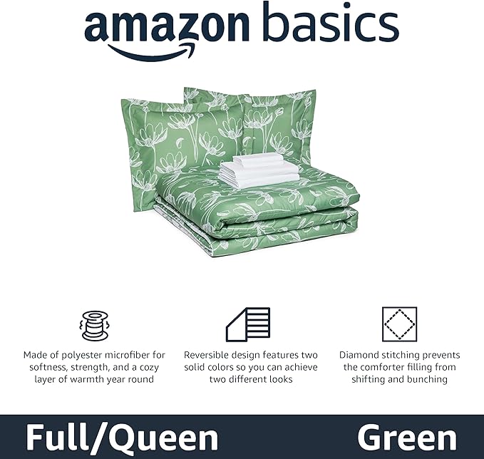 Amazon Basics Lightweight Microfiber Comforter Sets, 7 Pieces, Green, Floral, Full/Queen
