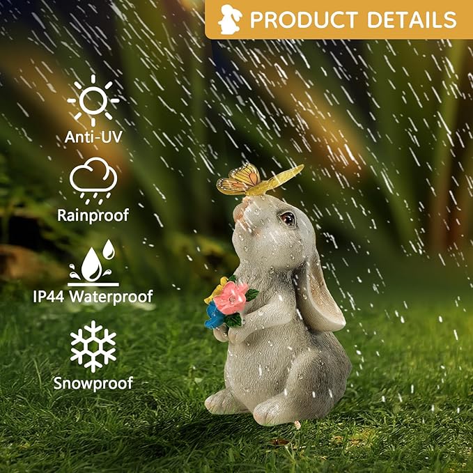 Solar Bunny Statues Light for Garden - Color-Changing Rainbow LED Butterfly,Rabbit Figurine Decor Auto On/Off,Easter Gifts for Yard Balcony & Patio Ornaments (Colorful Light)