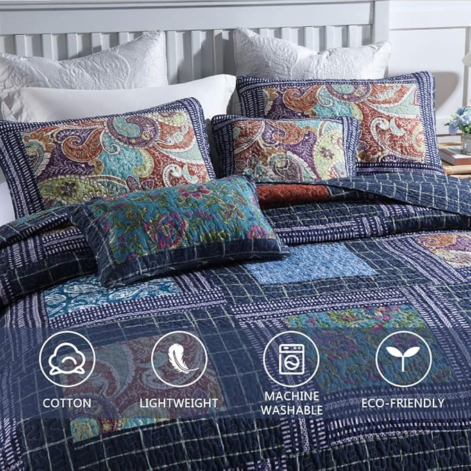 Secgo Twin Size Quilt Size - 100% Cotton Comforter Set Bedding Sets (68 * 86 Inch) with 2 Pillow Shams, Patchwork Reversible Lightweight Bedspread