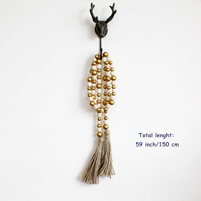 CVHOMEDECO. Wood Beads Garland with Tassels Farmhouse Rustic Wooden Prayer Bead String Wall Hanging Accent for Home Festival Decor. Gold Mix
