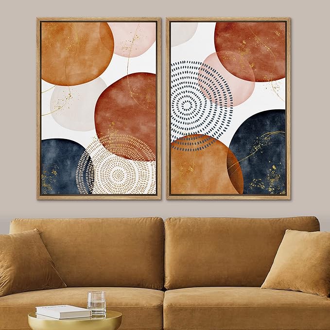 SIGNFORD Framed Wall Art Print Set Vintage Mid-Century Spiral Watercolor Dot Abstract Shapes Illustrations Modern Minimalist Multicolor for Living Room, Bedroom, Office - 16"x24"x2 Natural