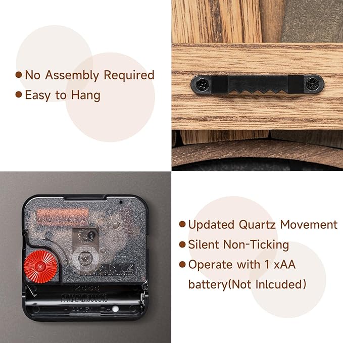 Honiway 14 Inch Wall Clock, Rustic Wood Boho Sunburst Decorative Wall Clocks Battery Operated Silent Non Ticking Farmhouse Small Wall Clocks for Living Room Kitchen Bedroom Home Decor (Tricolor)