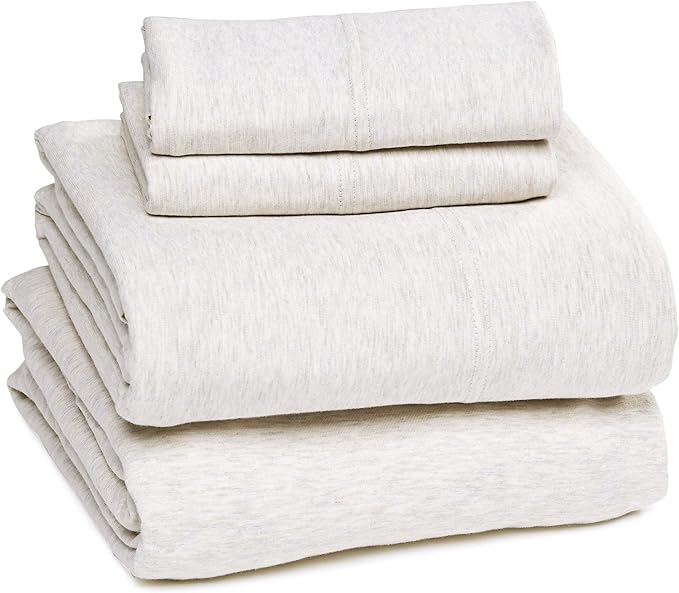 Amazon Basics 4 Piece Bed Sheets Set, 100% Cotton Jersey, Includes Super Soft, Flat and Fitted Sheets, Pillowcase, Full, Oatmeal, Solid