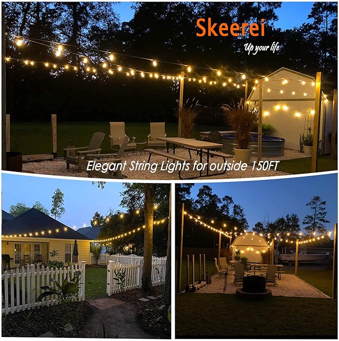 Outdoor String Lights Waterproof 150FT Patio Lights with Shatterproof 2700K Plastic Bulbs String Lights for Outside Bistro Gazebo Pergola Café Market Lights, 3-Pack