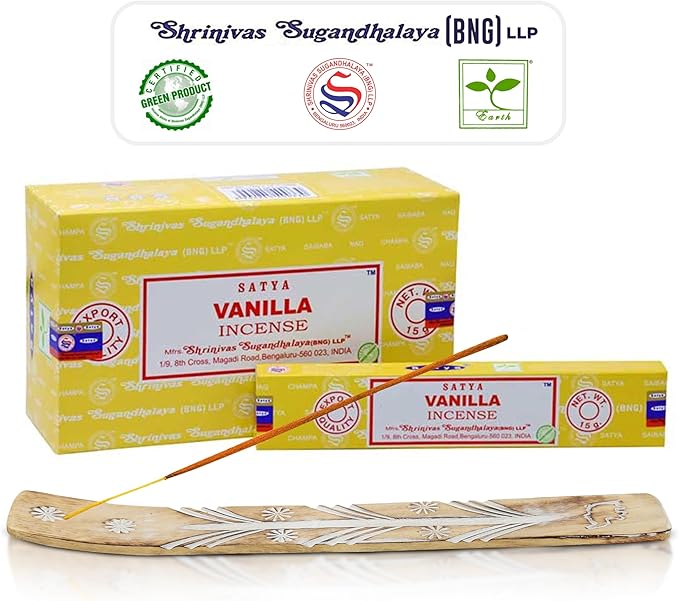 Satya Vanilla Incense Sticks - Bng 15gmx12 Pack With Raajsee Incense Holder Bundle - Nagchampa Natural