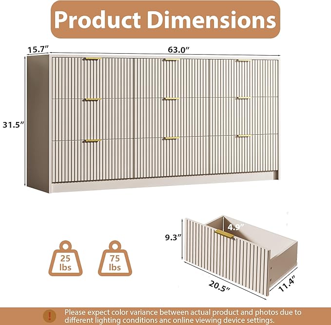 Beige Dresser for Bedroom, 9 Drawer Double Dresser, Modern Chest of Drawers for Bedroom, Living Room, Entryway and Closet, 63" L x 15.7" D x 31.5" H
