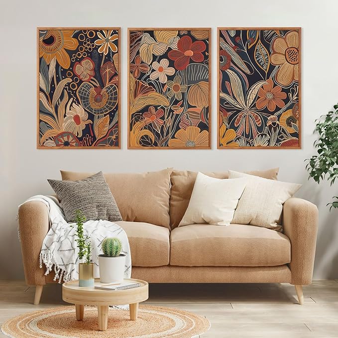 Aurlan Burnt Orange Wildflowers Botanical Wall Art Set(16"x24"), 3 Pieces Abstract Floral Blossom Framed Canvas Artwork, Large Mid Century Modern Boho Nature Wall Decor for Office Bedroom Living Room