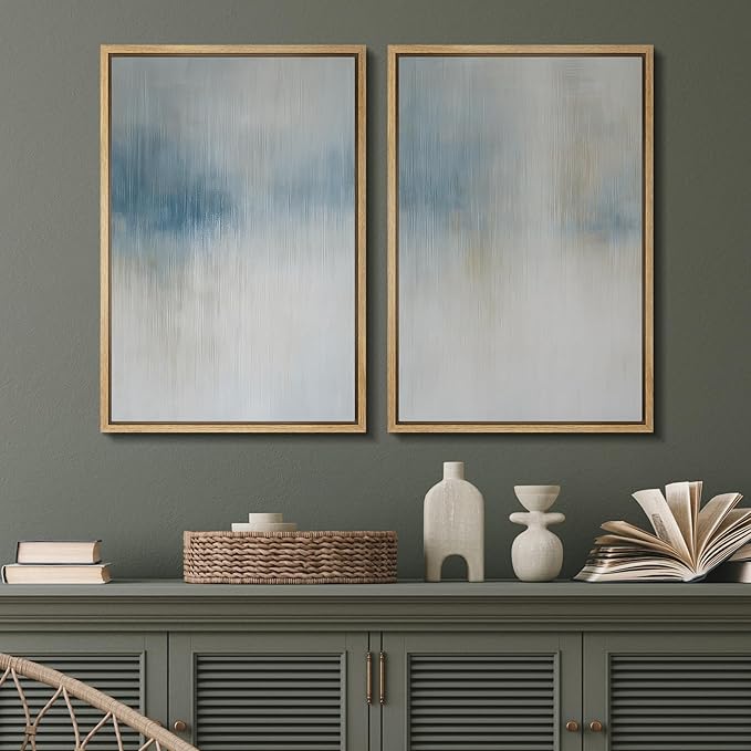 SIGNFORD Framed Canvas Print Wall Art Set Blue and Beige Abstract Modern Neutral Vertical Illustration Modern Art Decorative Nordic Nature for Living Room, Bedroom, Office - 24"x36"x2 Natural