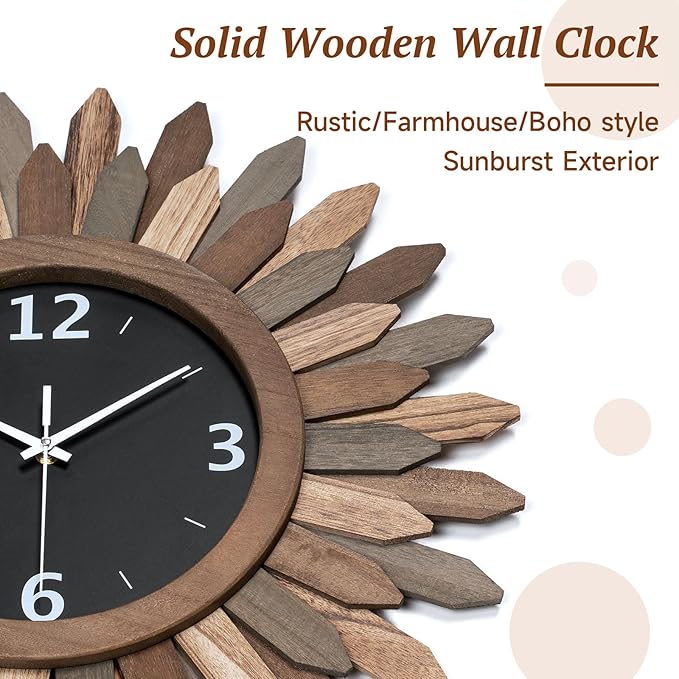 Honiway 14 Inch Wall Clock, Rustic Wood Boho Sunburst Decorative Wall Clocks Battery Operated Silent Non Ticking Farmhouse Small Wall Clocks for Living Room Kitchen Bedroom Home Decor (Tricolor)