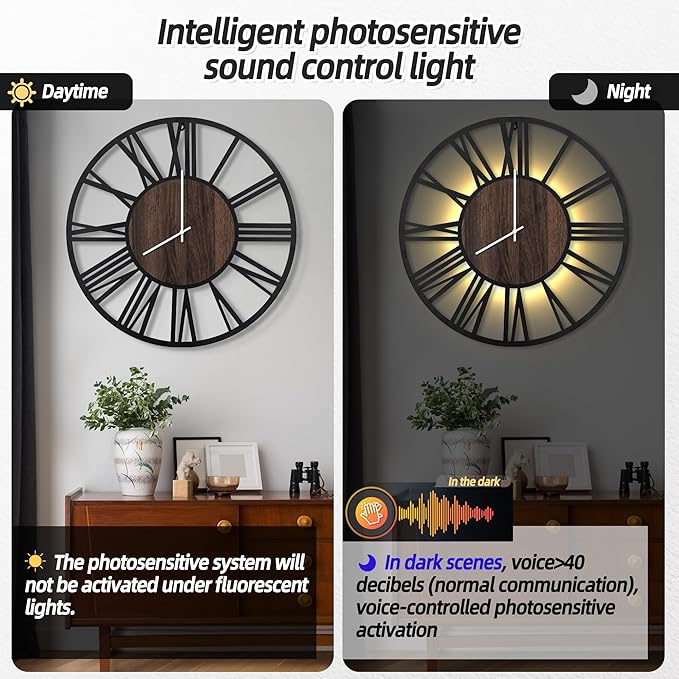 LEIKE Large Wall Clocks with Night Light Battery Operated,Silent Non Ticking,Rustic Modern Big Wood Clock for Living Room, Bedroom,Kitchen,Farmhouse,Office,Home Decor-30 Inch(Roman Numerals)