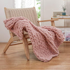 WESHIONGOO Chunky Knit Blanket Throw 40"×40" Knitted Throw Blankets for Couch Bed Fluffy Soft Blanket with Jumbo Chenille Yarn Thick 100% Handmade(Pink)