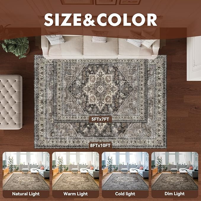Brown Rugs for Living Room 5x7 Area Rug Soft Living Room Carpet-Rugs for Bedroom Machine Washable Vintage Oriental Floral Dining Room Rug Non Slip