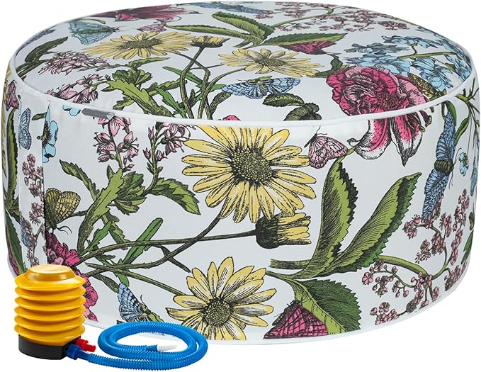 FUNHOME Inflatable Outdoor Ottoman with Air Pump,20"x9" Portable Patio Pouf,Water Resistant,Fade-Resistant,Round Blow Up Footrest Stools for Home Garden Camping Travel(Butterfly Flower)
