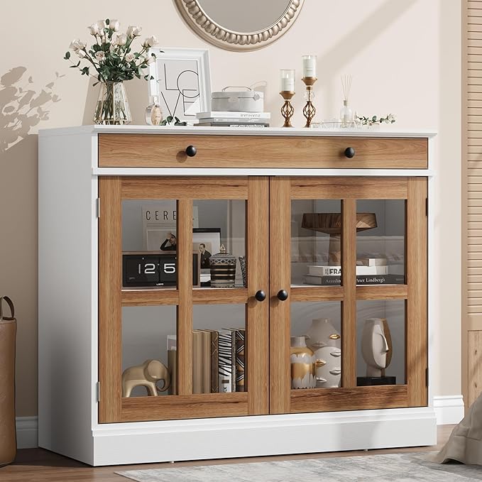 GarveeHome 35.4 in Sideboard Buffet Cabinets with Glass Door, Buffet Cabinet with Storage, White&Brown Sideboard Cabinet with Drawer, Modern Buffets & Sideboards for Dining Room, Kitchen