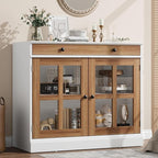 GarveeHome 35.4 in Sideboard Buffet Cabinets with Glass Door, Buffet Cabinet with Storage, White&Brown Sideboard Cabinet with Drawer, Modern Buffets & Sideboards for Dining Room, Kitchen