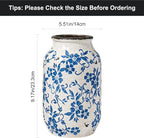 Blue and White Ceramic Vase for Flowers,9 inch Rustic Vintage Chinoiserie Vases Home Decor, Farmhouse Decor, Shelf, Living Room, Bedroom, Table Decoration