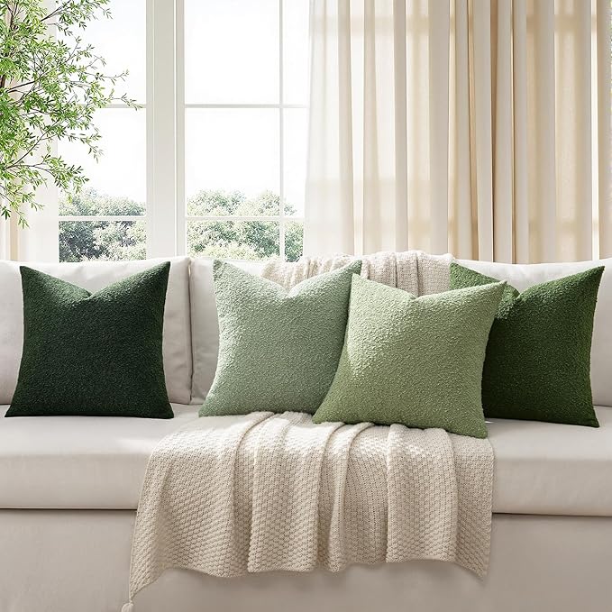 MIULEE Pack of 4 Christmas Decorative Sage Green Textured Boucle Throw Pillow Covers 18x18 Inch Forest Green Accent Solid Pillow Cases Soft Couch Cushion for Modern Farmhouse Boho Bed Room Home Decor