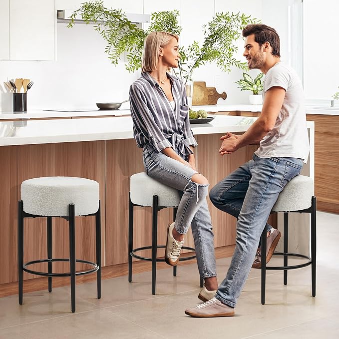 Counter Height Bar Stools, Set of 2, 24" Modern Backless Bar Stools, Ideal for Kitchen Counter, Kitchen Island, Boucle Sherpa Padded Cover, with Round Soft Seat and Foot Rest, White