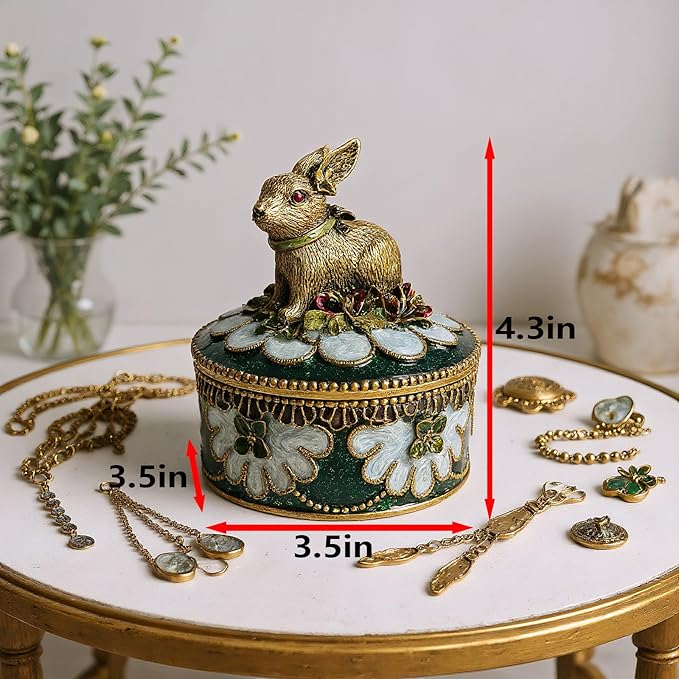 Handcrafted Rabbit Jewelry Box, Antique Gold Finish with Enamel Accents, Vintage Trinket Box for Rings and Small Keepsakes, Decorative Bunny Figurine Ornament