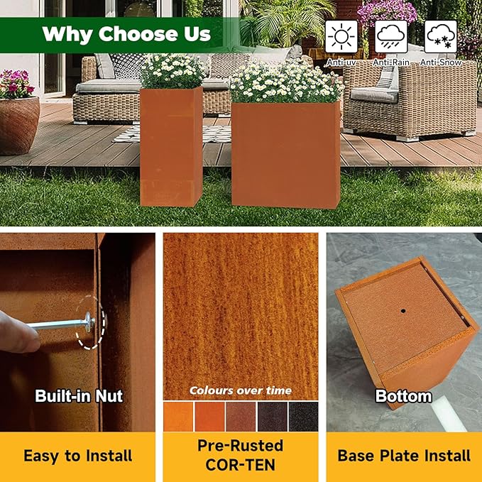 Corten Steel Metallic Heavy Planter for Outdoor Plants 14"x14"x30" Metal Planter Spliced Flower Pot with Partitions for Outside,Indoor,Garden (Corten, 14 * 14 * 30)