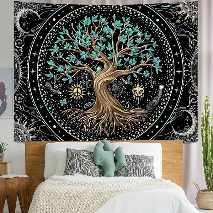 Lunerfex Tree of Life Tapastry Butterfly Moon Tapastry Flower Green Tree Tapestries Mandala Wall Hanging for Bedroom and Living Room Decor 44×60 Inches
