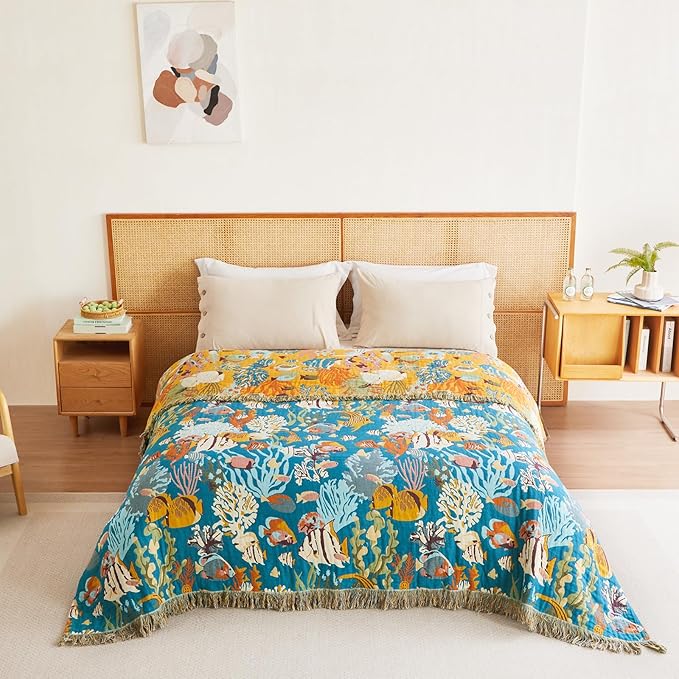 MSGKV Throw Blanket for Couch Bed Cotton Muslin Breathable Cute Ocean Animals Twin Size Blanket 60"x80" for All Seasons Lightweight Farmhouse Blankets