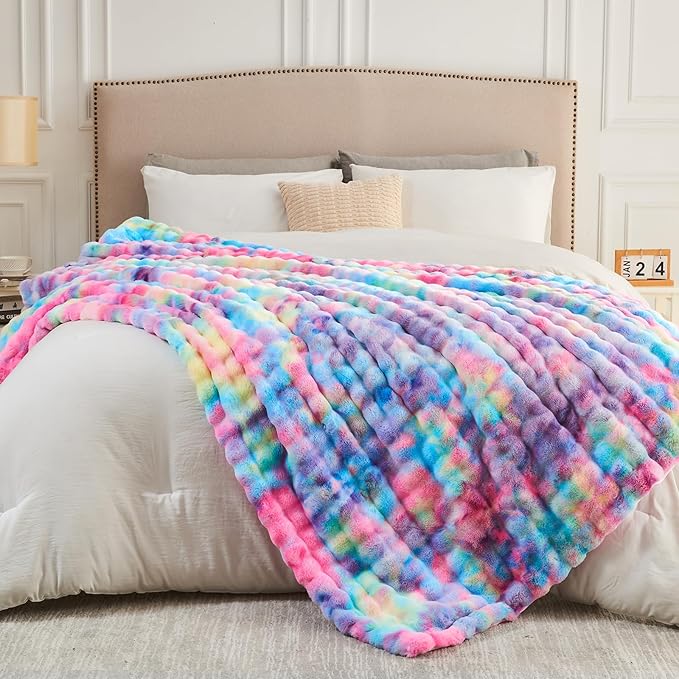 NEWCOSPLAY Faux Fur Throw Blanket Dark Rainbow Luxury Fluffy Thick Warm Bubble Blanket for Couch Sofa Bed 700GSM (Dark Rainbow, Throw(50"x60"))
