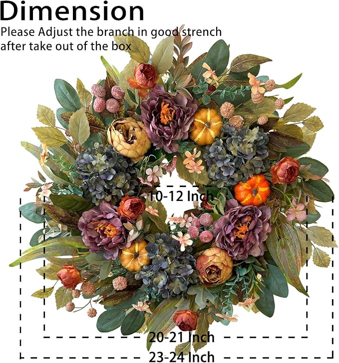 WANNA-CUL 24 Inch Spring Fall Wreaths for Front Door with Blue Hydrangea, Fall Wreath Front Door with Purple Orange Peony and Pumpkins-Fall Decoration for Home-Large Fall Decor Door Wreath for Autumn