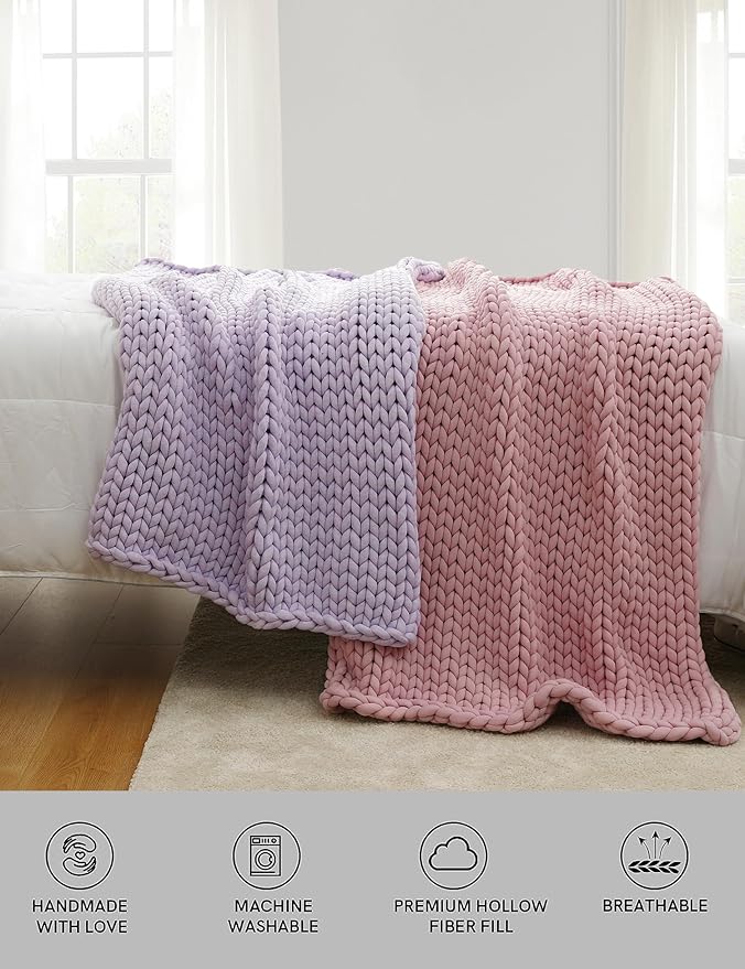 YnM Chunky Throw Blanket, Medium-Weight, Hand Knitted, Skin Friendly, Ventilated and Breathable, Machine Washable, Home Décor Piece for Couch, Sofa and Bed (Iris Lavender, 80x87 Inch)