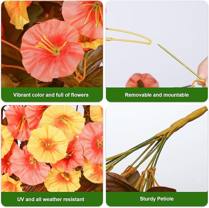 Artificial Fake Fall Hanging Flowers Plants for Outdoor Outside Decoration, 2 PCS Faux Silk Morning Glory Trailing Vines UV Resistant for Wall Home Porch Patio Party Decor (Fall Orange+Yellow)