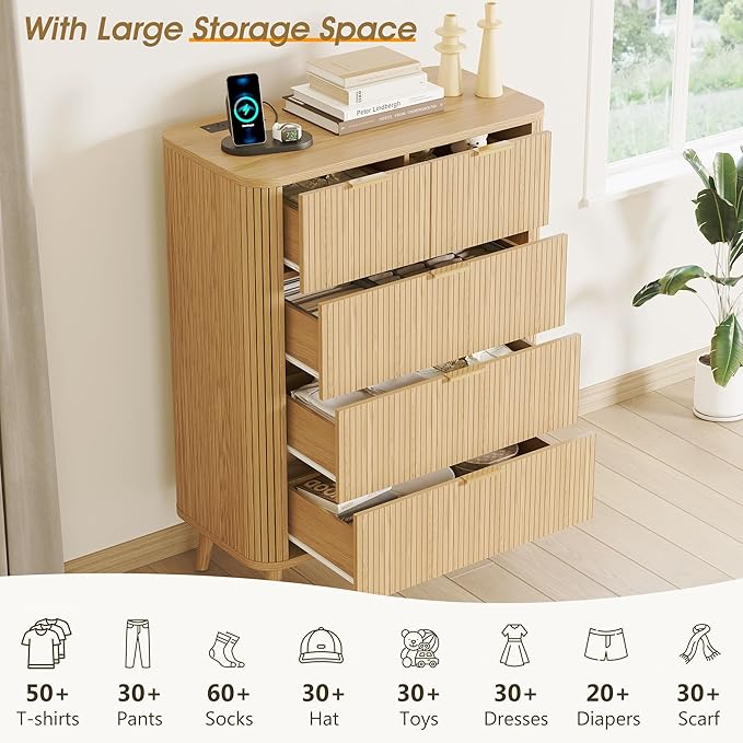 Alohappy Fluted 5 Drawers Dresser for Bedroom, 48" Tall Mid Century Modern Chest of Drawers with Curved Profile Design, Wood Storage Dressers for Closet Bedroom, Living Room, Hallway, Entryway