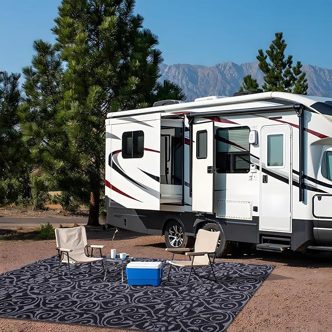 OLANLY Outdoor Rug Waterproof 5x8 ft Clearance, Reversible Outdoor Plastic Straw Rug with Floral Pattern, RV Mat for Patio, Camping, Balcony, Deck, Backyard, Black & Grey