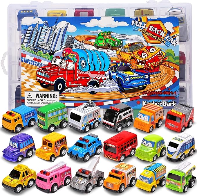 18 Pack Assorted Pull Back Car Toys for Kid with Storage Organizer Box, Mini Model Vehicle Set with Display Case for Child Toddler, Small Play Truck Bulk for Boy and Girl Party Favors, Birthday Gift