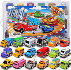 18 Pack Assorted Pull Back Car Toys for Kid with Storage Organizer Box, Mini Model Vehicle Set with Display Case for Child Toddler, Small Play Truck Bulk for Boy and Girl Party Favors, Birthday Gift