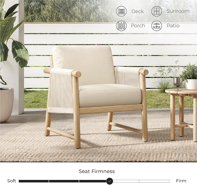 CHITA Boho Patio Rattan Chair Set of 2, Outdoor Wicker Chair with 7.1″ Thickened Cushions Acacia Wood Frame(Cream)