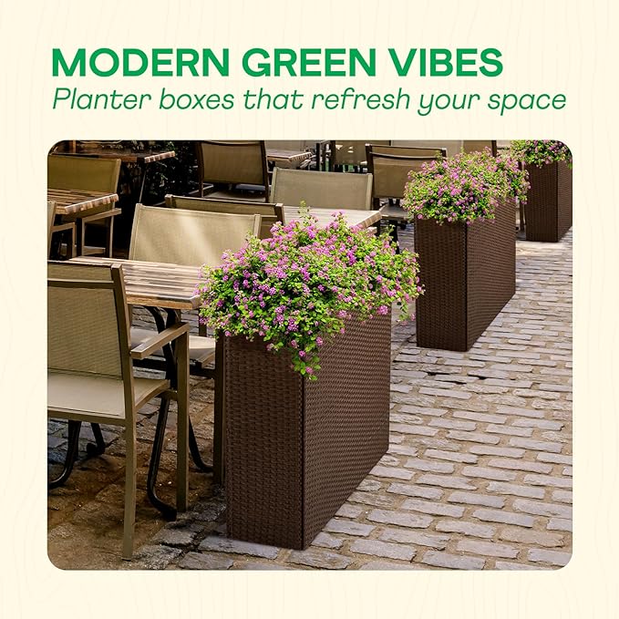 IDZO All Weather Wicker Planter Raised Garden Bed, 24 in Tall Round Rattan Flower Pots, Durable Self-Watering Indoor Outdoor Wicker Planters for Porch Patio Balcony